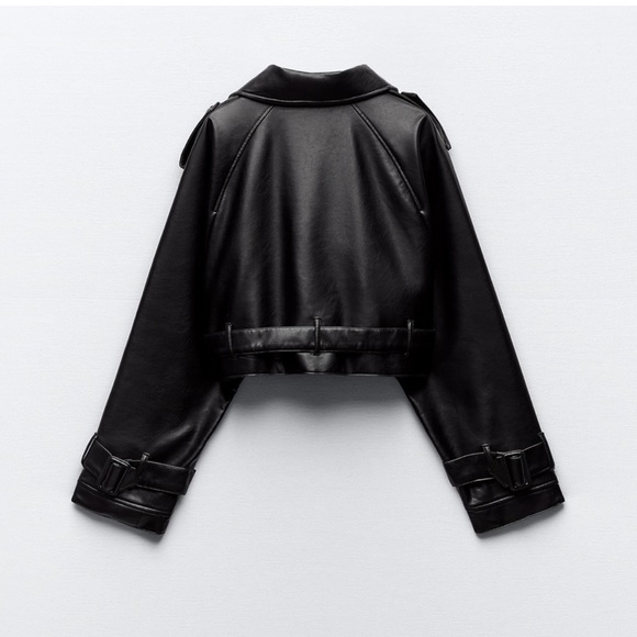 ZARA BLACK OVERSIZED CROPPED FAUX LEATHER TRENCH - Picture 5 of 5